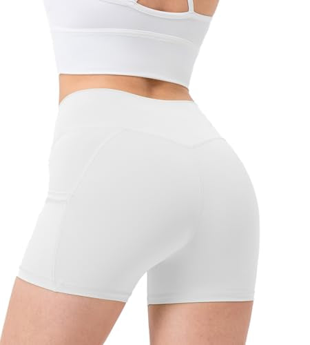 High Waisted Biker Shorts for Women with Pockets - White, Large