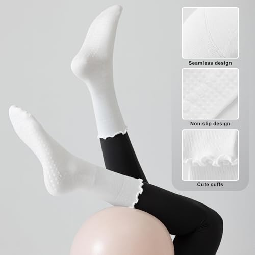 Pilates Socks with Grips - 3 Pairs Non-Slip Ruffle Ankle - White & Black
