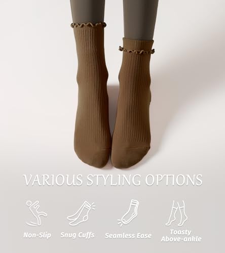 Non-Slip Pilates Socks for Women - 4 Pairs with Ruffles - Black, Brown, Caramel, White