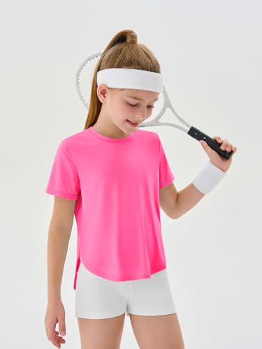 Girls Athletic Shirts - Short Sleeve Active Sports Top, 7-8 Years / Pink