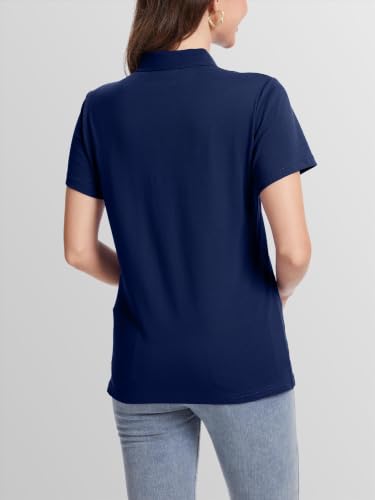 SMENG Women's Navy Medium Cotton Pique Polo Shirt with Short Sleeves & 3 Buttons