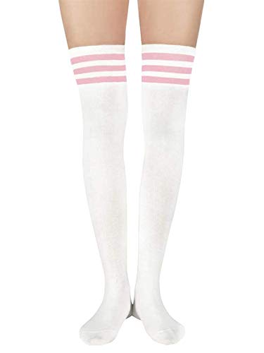 Thigh High Socks for Women - Casual Striped Knee High Stockings - One Size White Pink