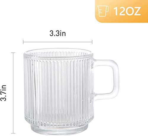 6 Pack 12 oz Premium Glass Coffee Mugs with Handles - Clear Striped Tea Cups for Hot/Cold Beverages, D.M DESIGN·MASTER