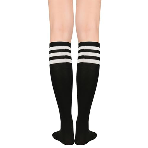 Knee High Stripes Socks for Women - White Stripes Black, One Size