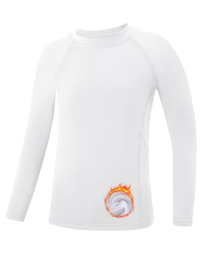 Youth Boys Compression Thermal Shirt - Long Sleeve Fleece Base Layer - Small / White