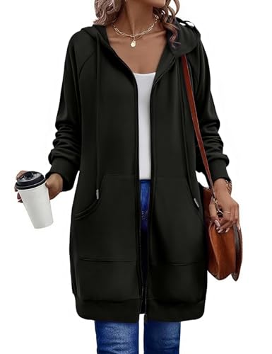 Zeagoo Women's Oversized Zip Up Hoodie Tunic Black Large - Long Sleeve Sweatshirt