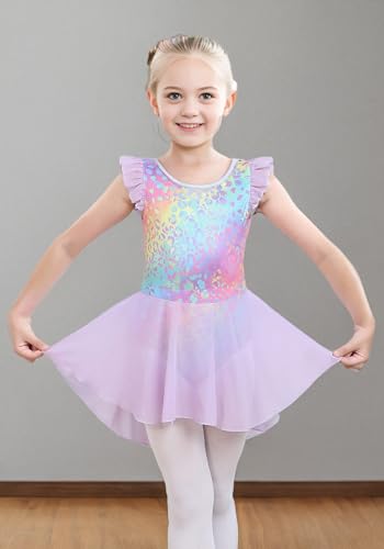 Ruffle Sleeve Tutu Leotard Dress for Girls - Leopard-Purple, 5-6 Years