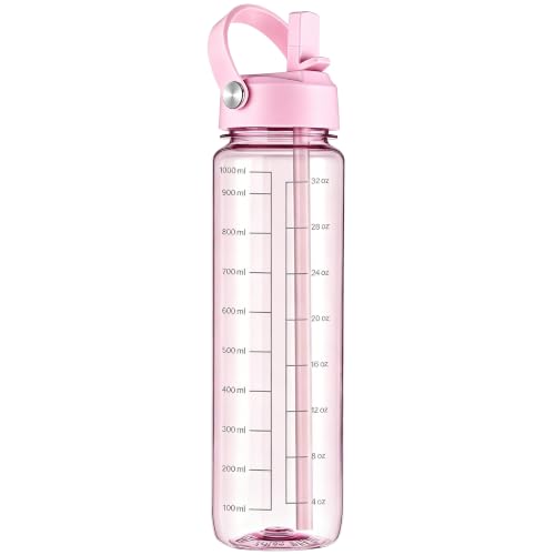 GOPPUS 32oz Bright Pink Clear Water Bottle with Flip Straw - Lightweight, Leakproof BPA-Free Tritan for Sports & Travel