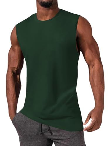 Men's Sleeveless Gym Tank Top - Muscle Cut Off Shirt - Large Dark Green