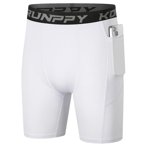 Boys Compression Shorts - Athletic Spandex Underwear with Pocket - Medium/White