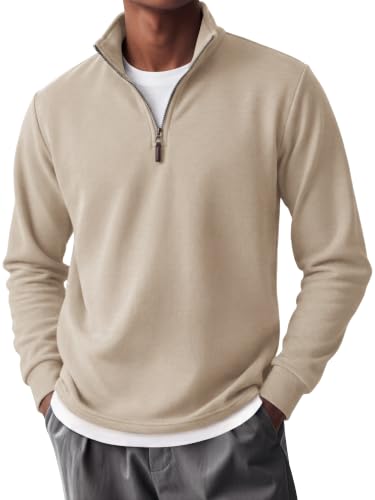 COOFANDY Mens Quarter Zip Fleece-Lined Mock Neck Sweatshirt Large Light Khaki