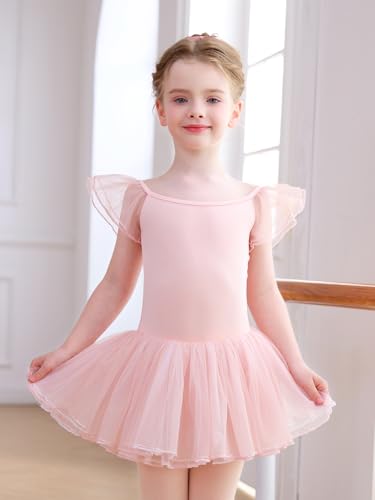 Mecceos Toddler Ballet Leotard for Girls - 4-5T Pink Flutter Wing Sleeve Tutu Skirted Dance Dress