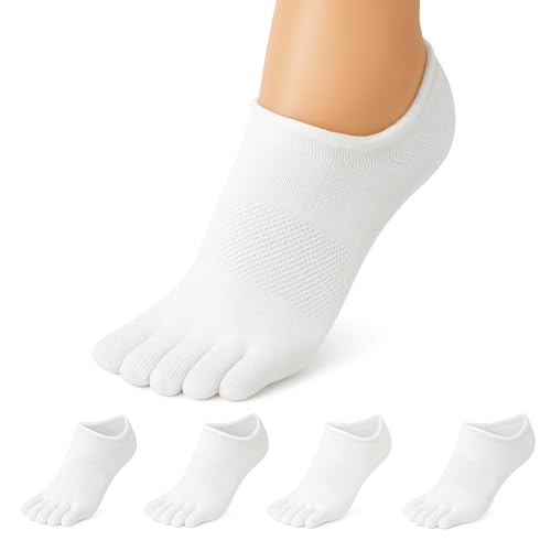 Soxsense Women’s No-Show Toe Socks Medium White - 4 Pairs, Premium Cotton
