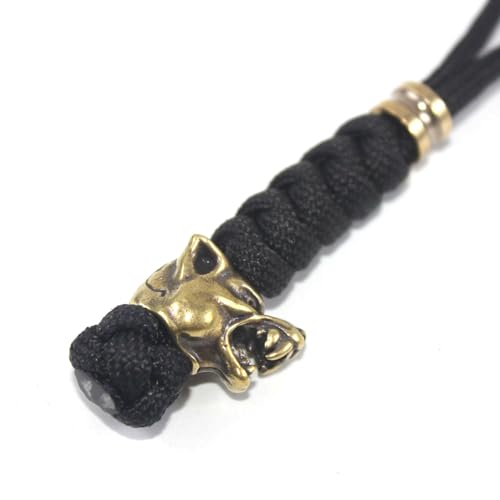5-Inch Knife Lanyard with Brass Wolf Bead Paracord Keychain - Black