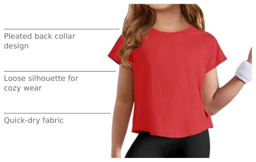 Girls Loose Athletic Crop Tops - Short Sleeve, 7-8 Years, Red