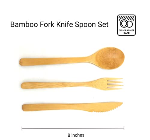 Bamboo Utensil Set - Reusable 3PC Cutlery with Fork, Knife & Spoon