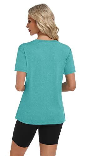 Aqua Short Sleeve Workout Top for Women - Athletic Yoga Shirt - Medium