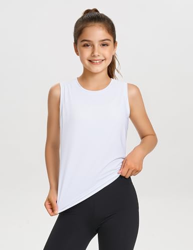 Girls Quick Dry Athletic Tank Top - Sleeveless, UPF50+, 9-10 Years, White