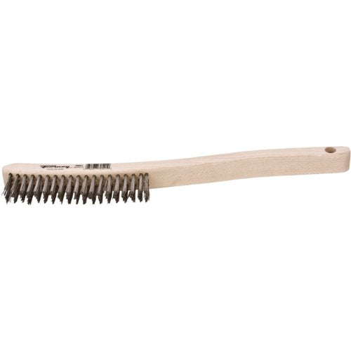 Forney 70521 Wire Scratch Brush, Stainless Steel with Curved Wood Handle, 13-3/4-Inch-by-.013-Inch