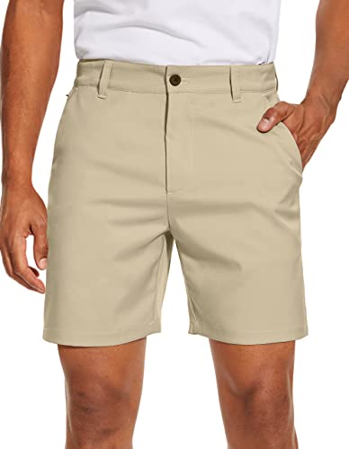 Men's Golf Dress Shorts - Flat Front Hybrid 7 Inch, Khaki - 5 Pockets