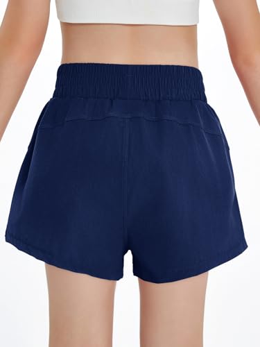 High Waist Girls Athletic Shorts - 2 in 1 Running Shorts, Navy Blue, 10-12 Years