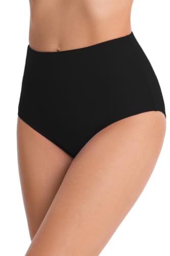 Micosuza Black High-Waist Retro Bikini Bottoms - Full Coverage Tankini Bottoms, 12
