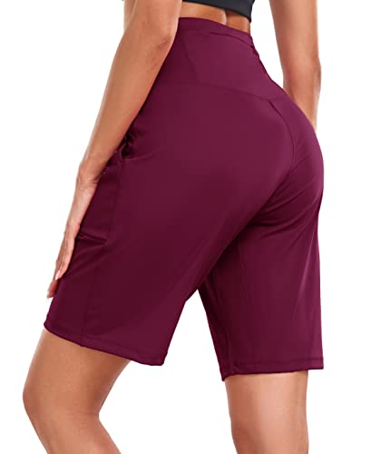 High Waisted Bermuda Workout Shorts - 10" Burgundy - Small