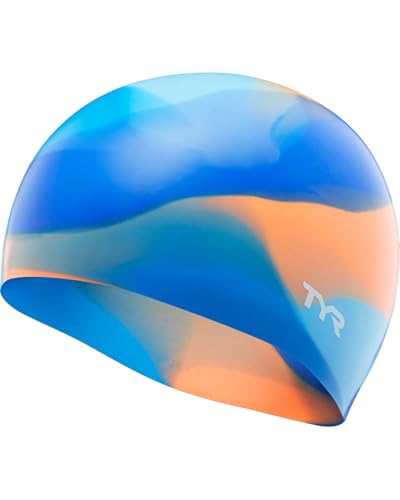 TYR Junior Tie-Dye Silicone Swim Cap - Blue/Orange, Durable Youth Headcover