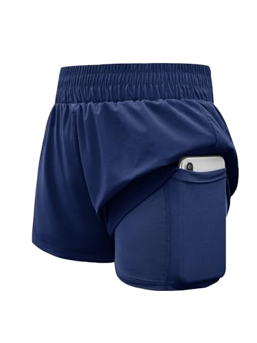 High Waist Girls Athletic Shorts - 2 in 1 Running Shorts, Navy Blue, 10-12 Years