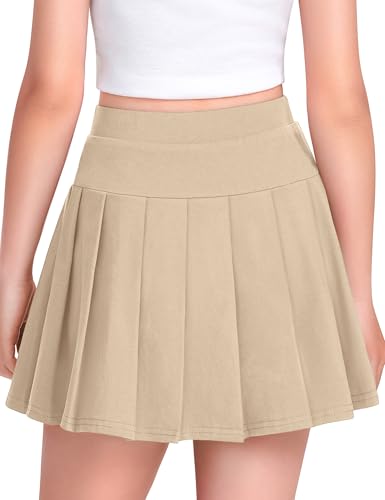 NUMYEAN Girls Uniform Skirt with Built-in Shorts & Pockets - Khaki, 6-7 Years