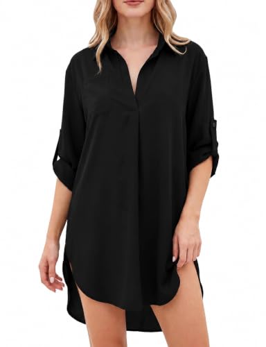 V-Neck Beach Cover Up Shirt Dress - 3/4 Sleeve Asymmetrical - Black, Large