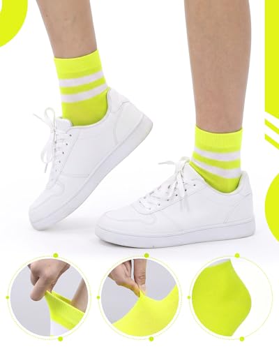 Unisex Athletic Crew Stripe Socks - Fluorescent Yellow & White (2 Pairs)