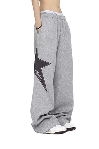 Pooyikoi Grey Large Women's Y2K Star Print Wide Leg Joggers - Harajuku Streetwear