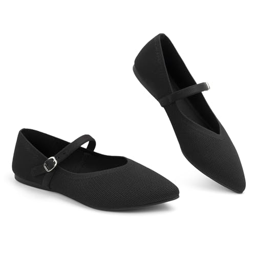 AprCoco Black Knit Pointed Toe Ballet Flats for Women with Ankle Strap - Casual & Comfortable