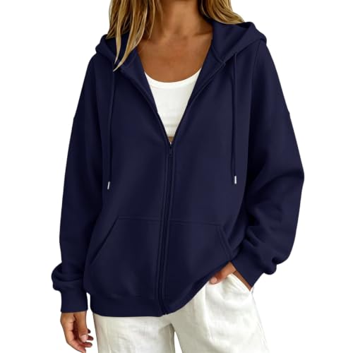 Women's Oversized Zip-Up Hoodie - Large Navy, Cozy Fleece Jacket