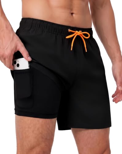 Men's Swim Trunks with Compression Liner - Quick Dry, Zipper Pockets, Large, Black