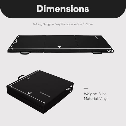 3-Panel Folding Gymnastics Mat - 6x2 Feet, 1.5-Inch Thick - Black