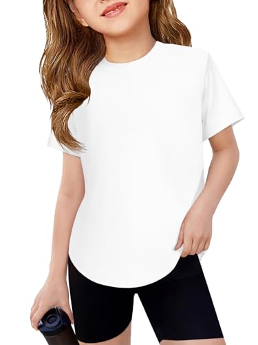 Girls Athletic Short Sleeve Tunic Tee - Soft Gym Workout Shirt - White 11-12Y