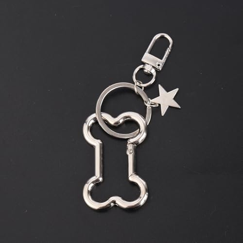 Y2K Bone & Star Carabiner Keychain Clip - Silver Alloy