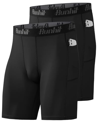 Runhit Men's Compression Shorts with Pocket - Black, Large, Athletic Workout Underwear