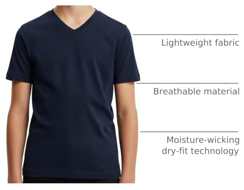 Youth Athletic T-Shirts - Dry-Fit Short Sleeve V Neck Tees - 5 Pack - Black, Grey, Navy, Charcoal, Denim Blue