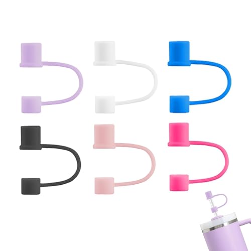 Silicone Straw Toppers for 10mm Straws - 6 Pack - Light Purple/White/Blue/Black/Light Pink/Rose Red