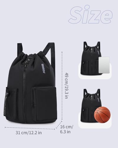 WANDF Medium Drawstring Gym Backpack with Shoe Compartment - Black