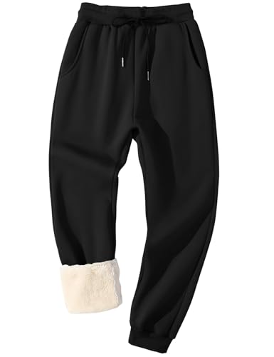Flygo Men's Fleece-Lined Sherpa Jogger Pants Winter Warm Activewear Small Black Ribbed Bottom