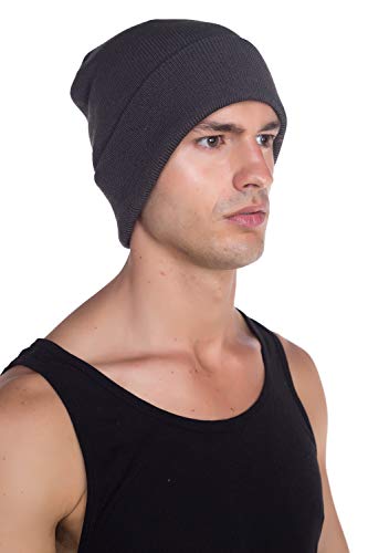 Unisex Cuffed Knit Beanie Hat - One Size Dark Grey