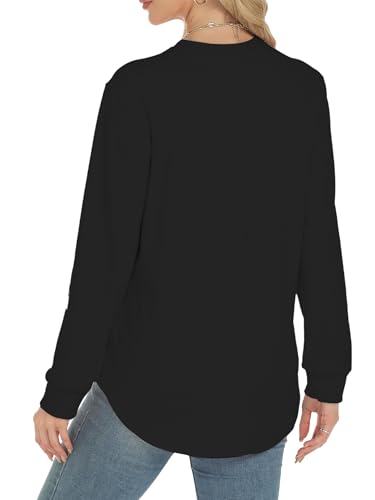Long Sleeve Tunic Top for Women - Crew Neck Side Split - Black, Medium