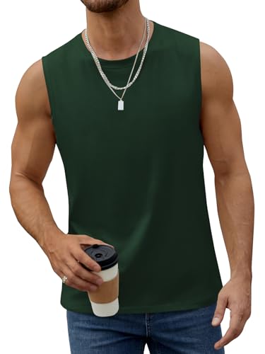 Men's Sleeveless Gym Tank Top - Muscle Cut Off Shirt - Large Dark Green