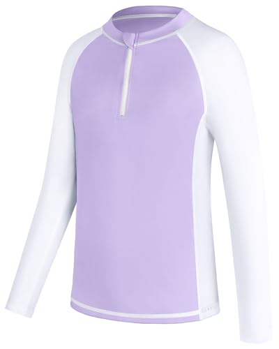 Rash Guard for Girls - UPF 50+ UV Protection Swim Shirt, Zip Up, Long Sleeve - Purple/White, 13-14 Years