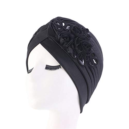 Qianmome Women's Sequin Flower Turban Head Wrap Black - Elegant Muslim Beanie