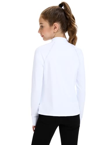 HASMES Girls Long Sleeve Turtleneck Shirt - Kids Athletic Top, 7-8 Years, White